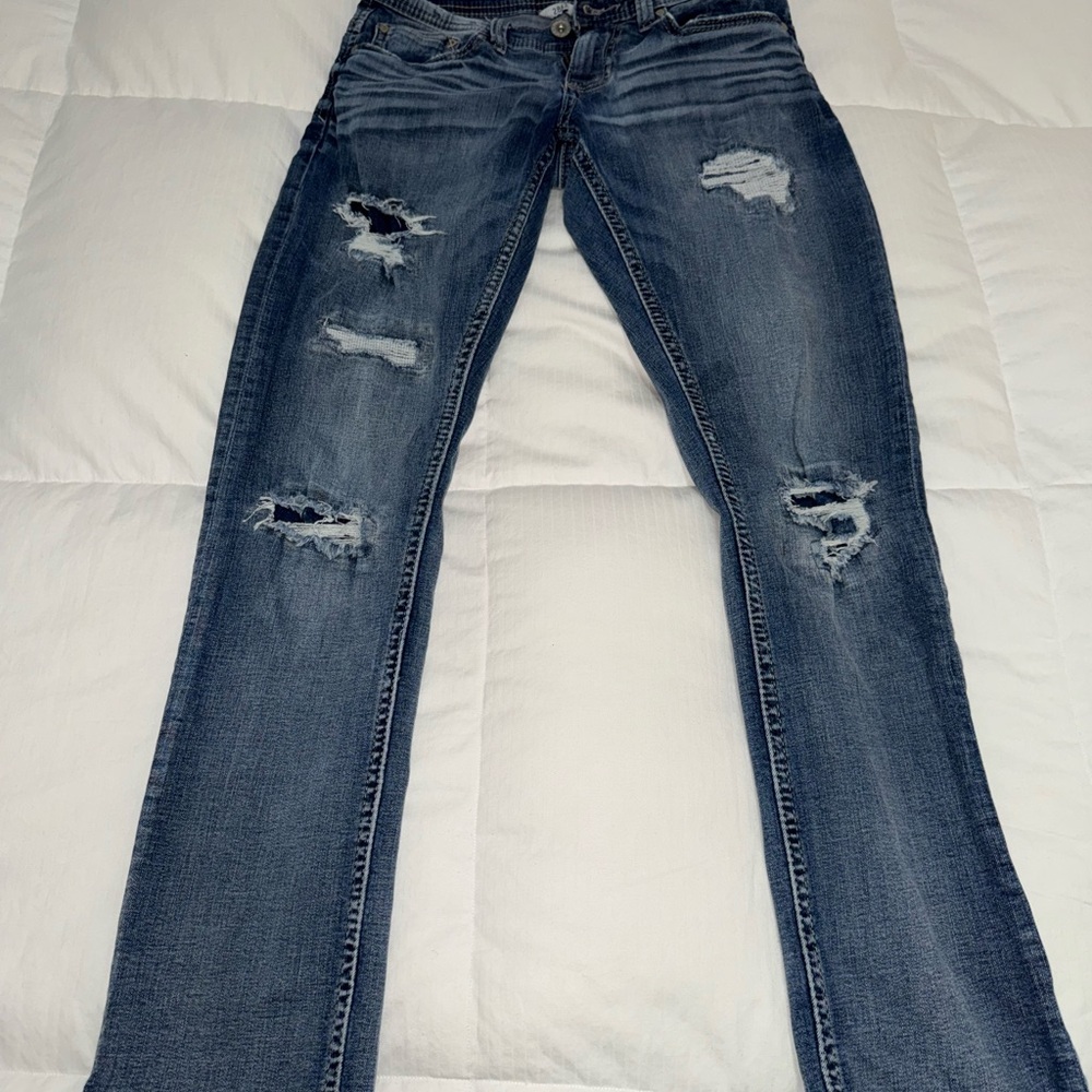 Classic Blue Distressed Women's Straight Leg Jeans